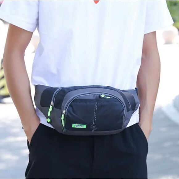 NWT Gorgeous Green & Grey Nylon Sling Bag Fanny Pack Bag with double zipper - Picture 4 of 9